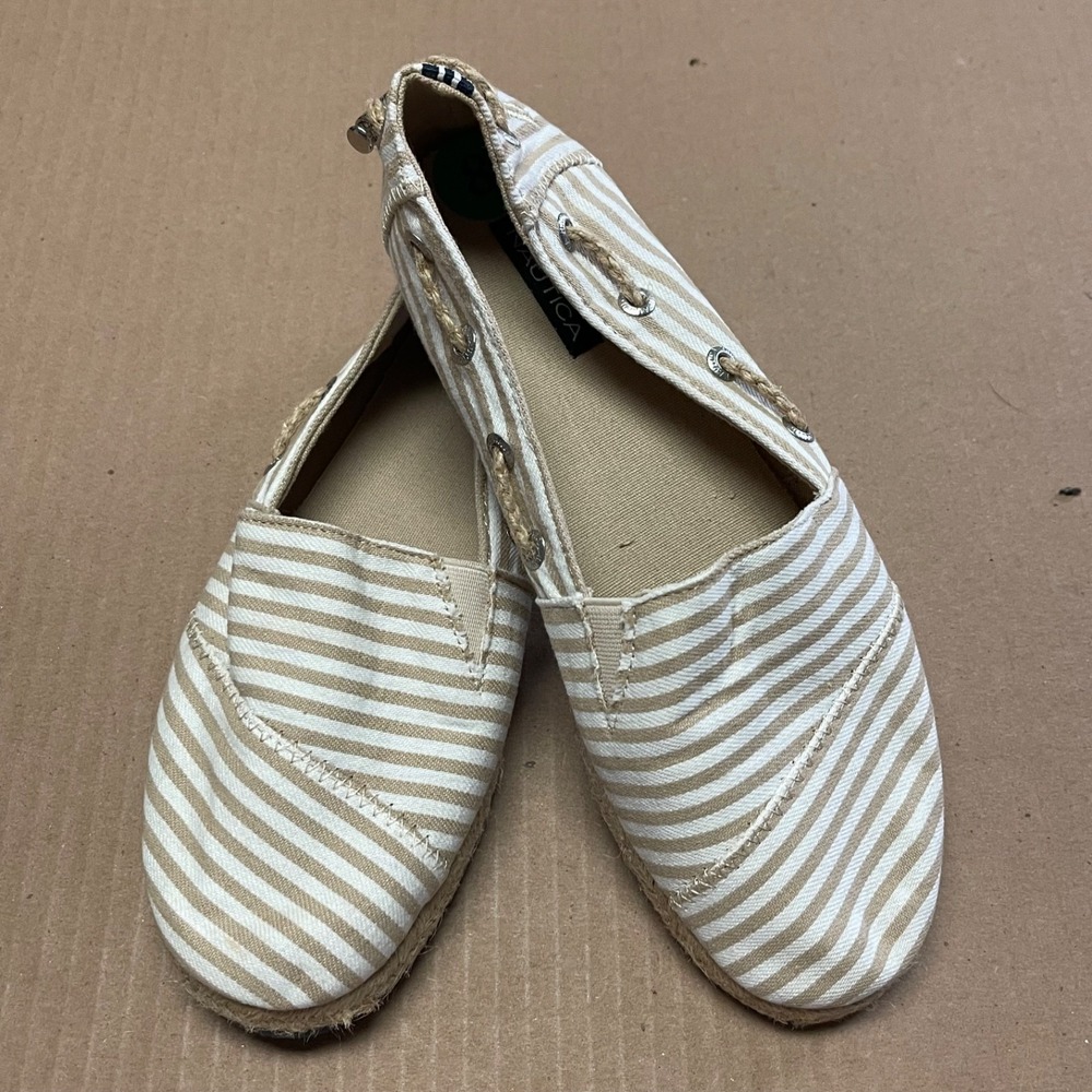 Nautica Women's Sz 8/38 Rudder Tan Striped‎ Canvas Espadrille Slip On Boat Shoes
